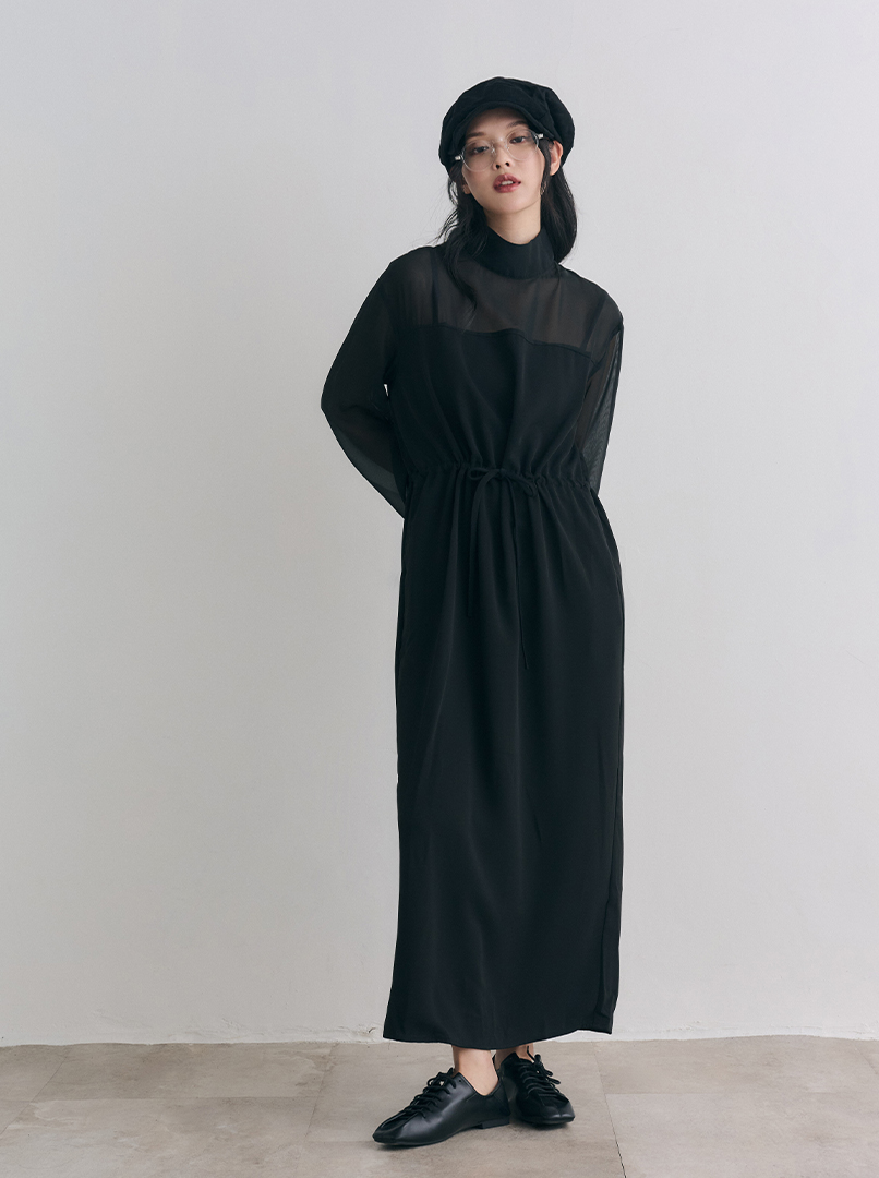 拼接雪紡透膚洋裝