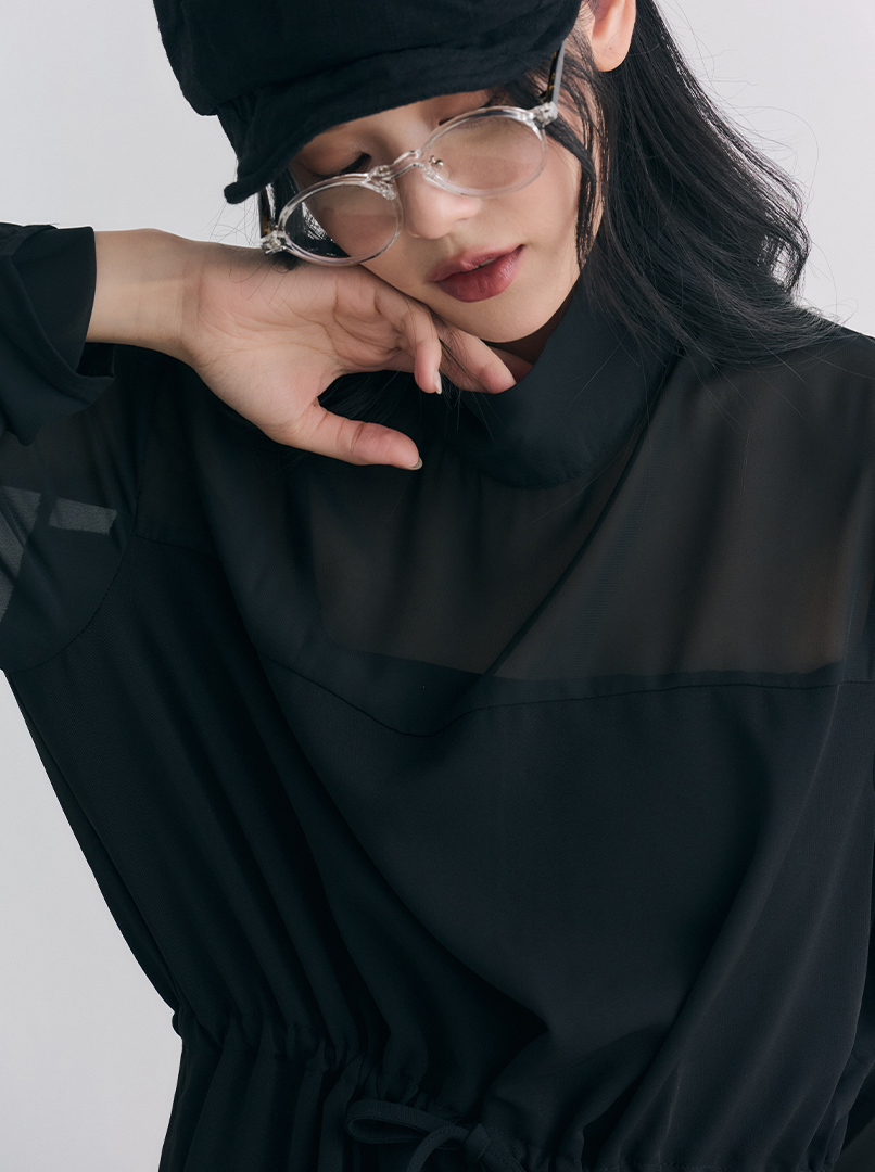 拼接雪紡透膚洋裝