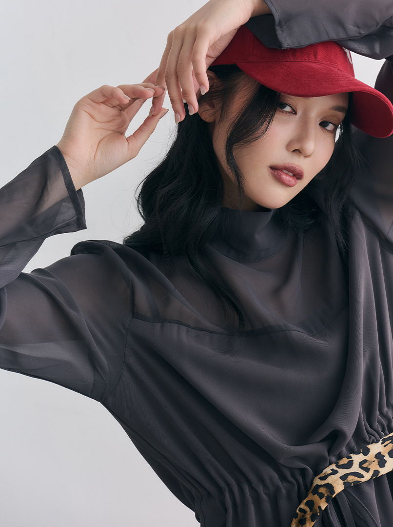 拼接雪紡透膚洋裝