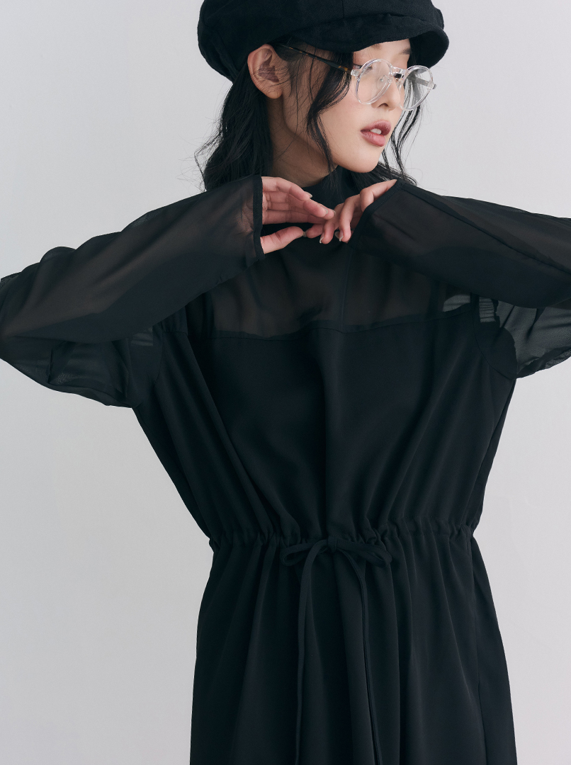 拼接雪紡透膚洋裝