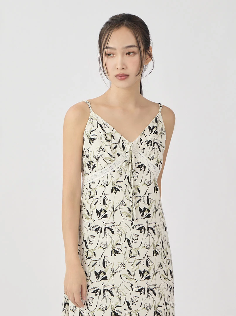 蕾絲印花細肩長洋