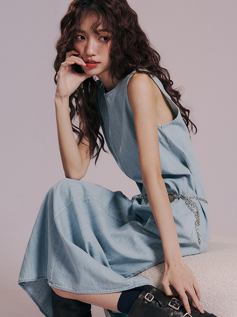 V領露背牛仔長洋