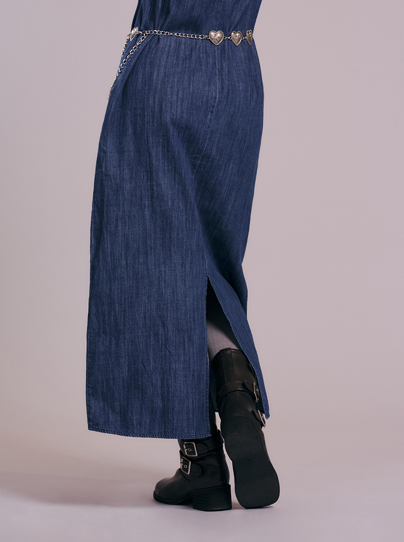 V領露背牛仔長洋