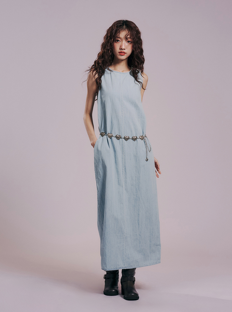 V領露背牛仔長洋'