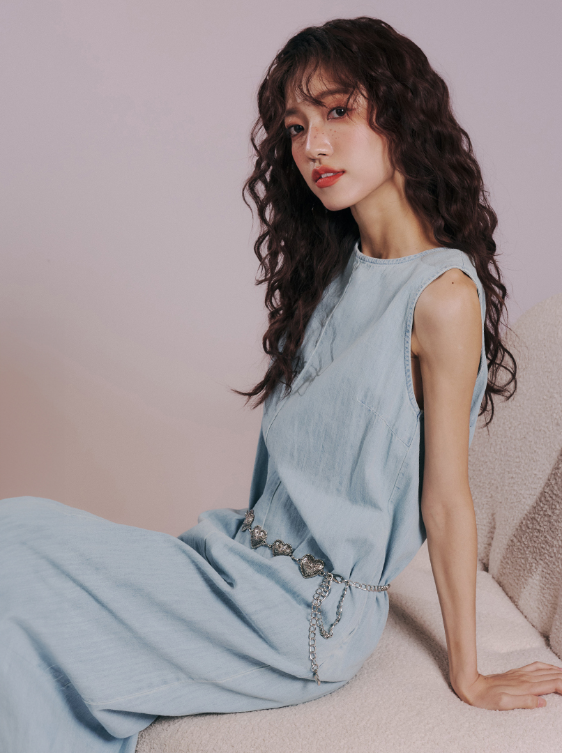 V領露背牛仔長洋