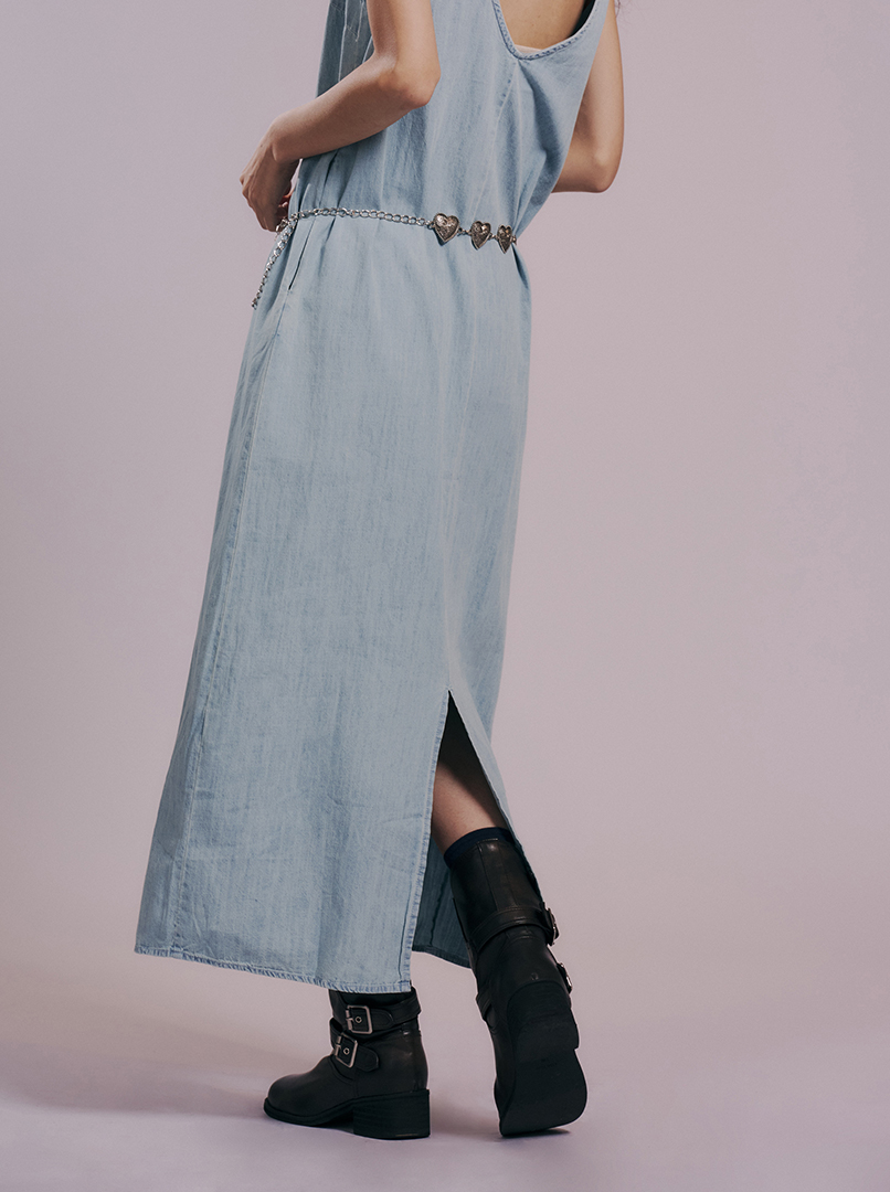 V領露背牛仔長洋