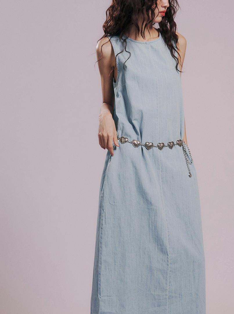 V領露背牛仔長洋