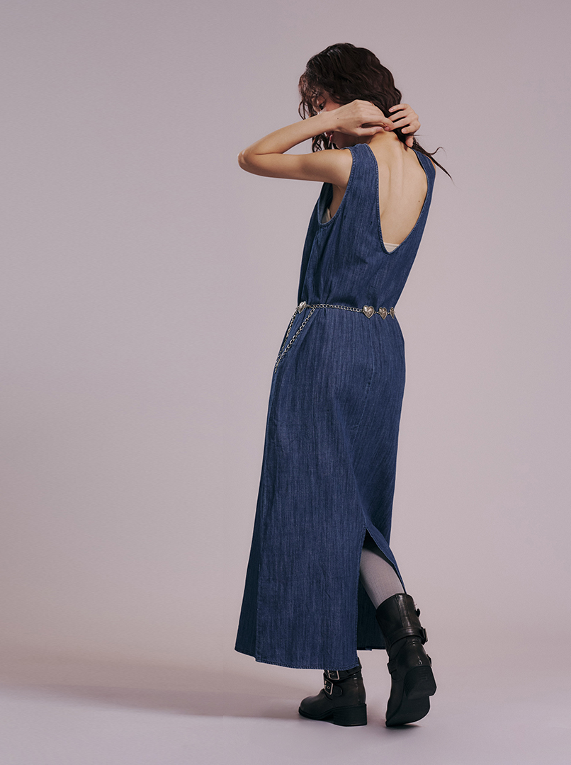 V領露背牛仔長洋