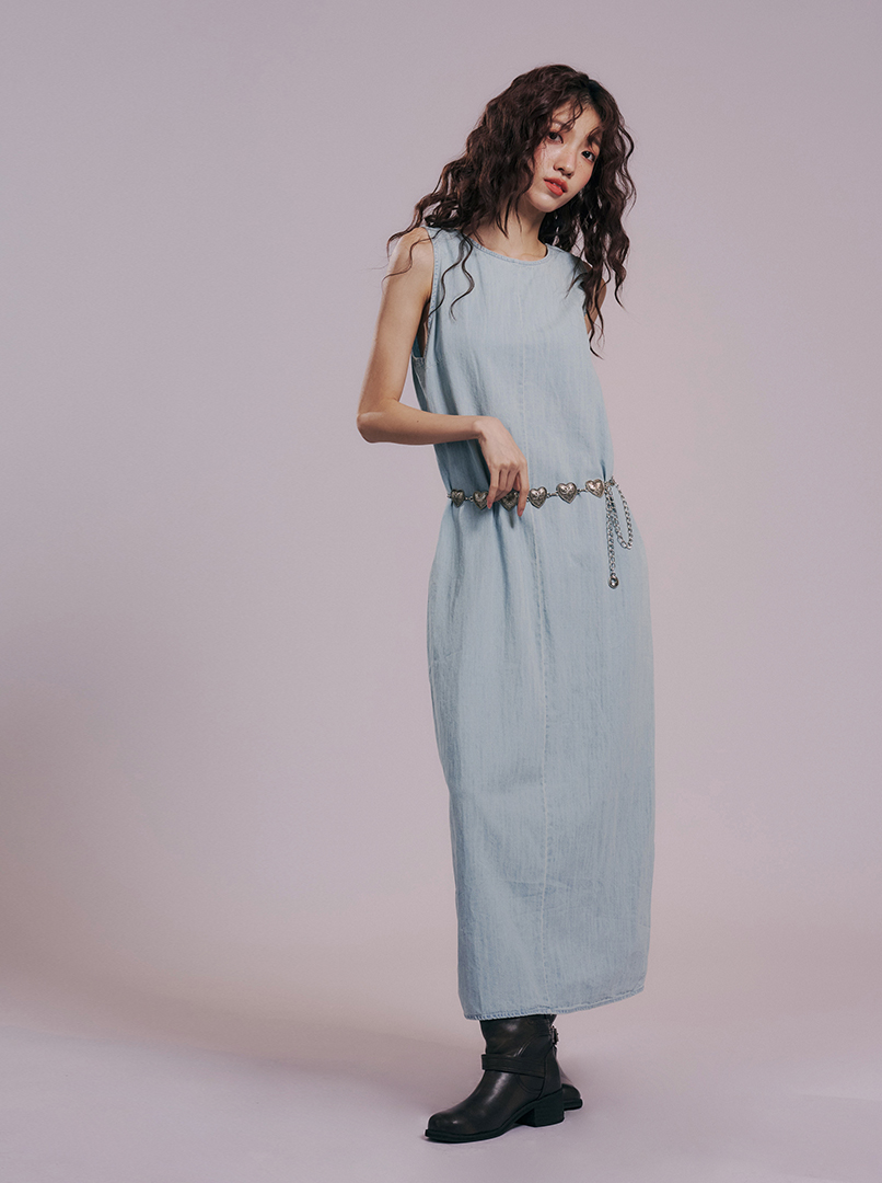 V領露背牛仔長洋