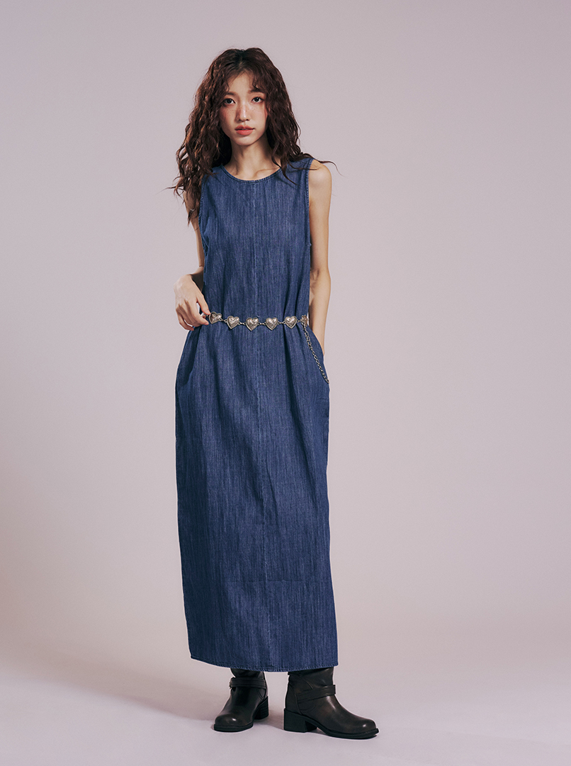 V領露背牛仔長洋'