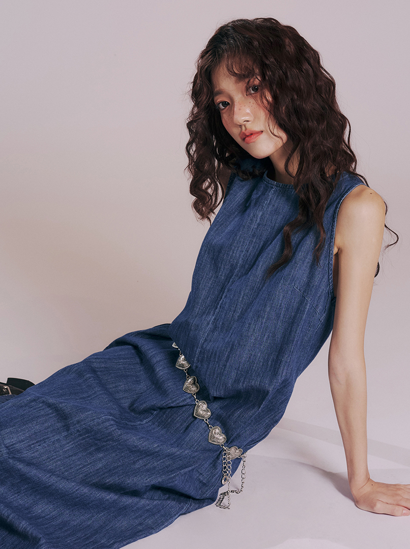 V領露背牛仔長洋