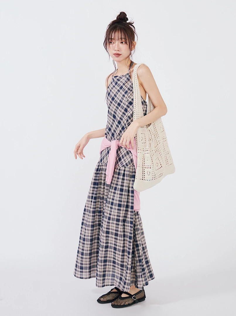格子收腰露背連身洋