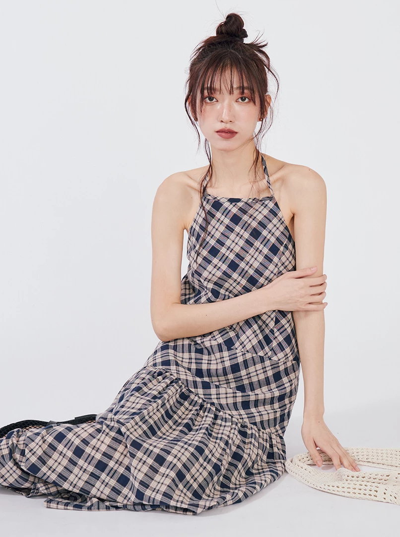 格子收腰露背連身洋