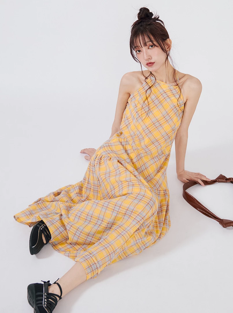 格子收腰露背連身洋