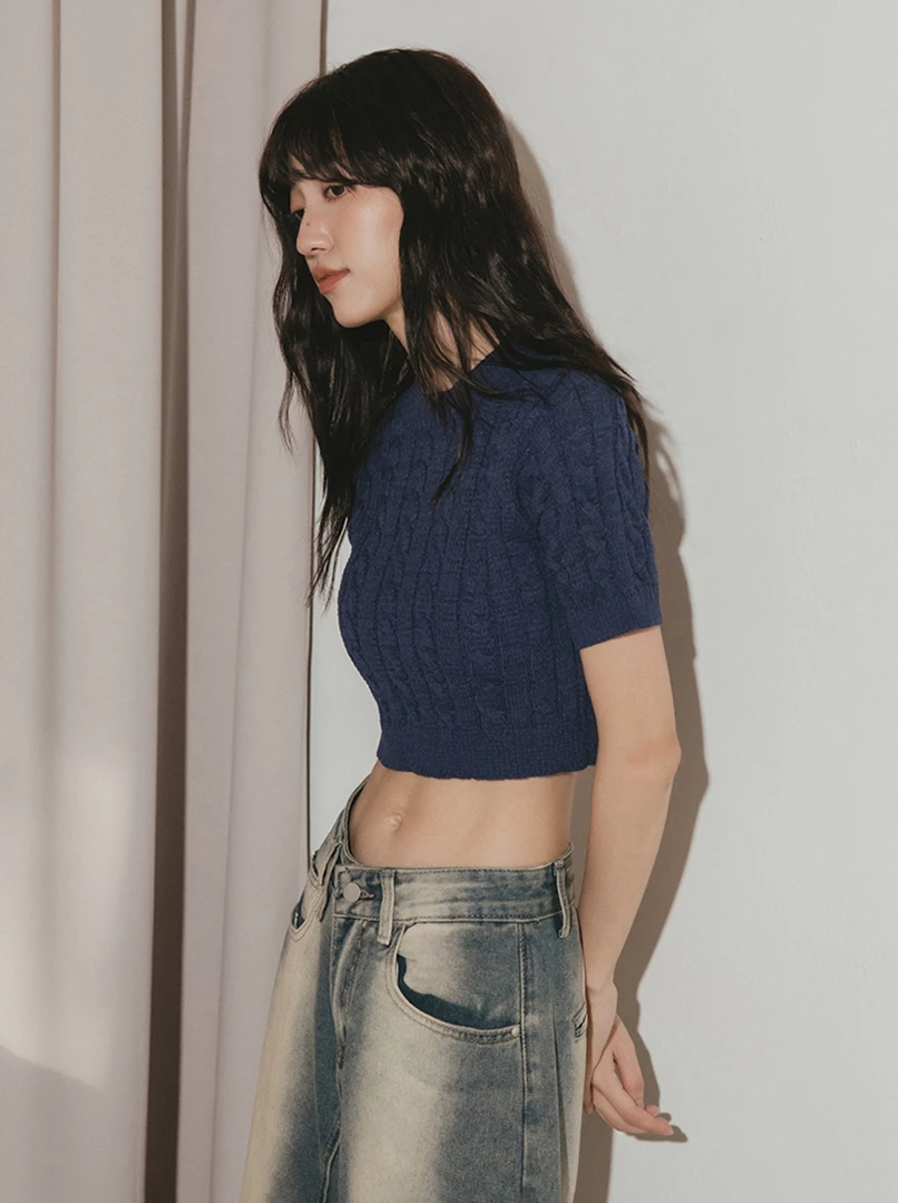 麻花針織短袖上衣