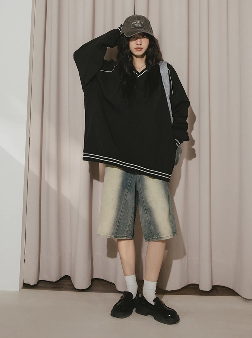 美式V領撞色線上衣