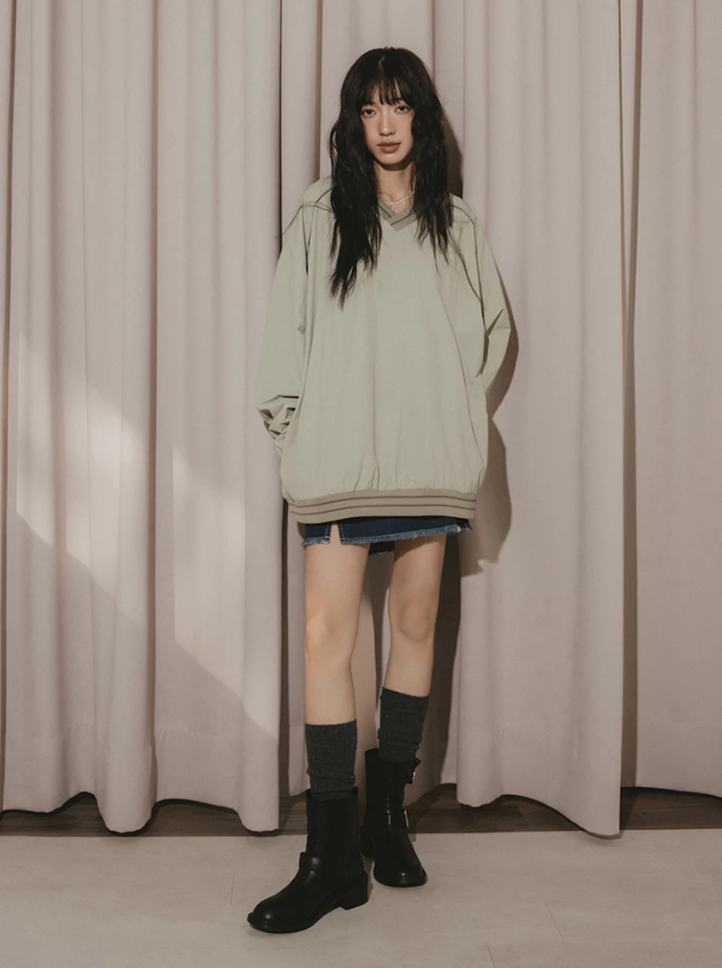 美式V領撞色線上衣