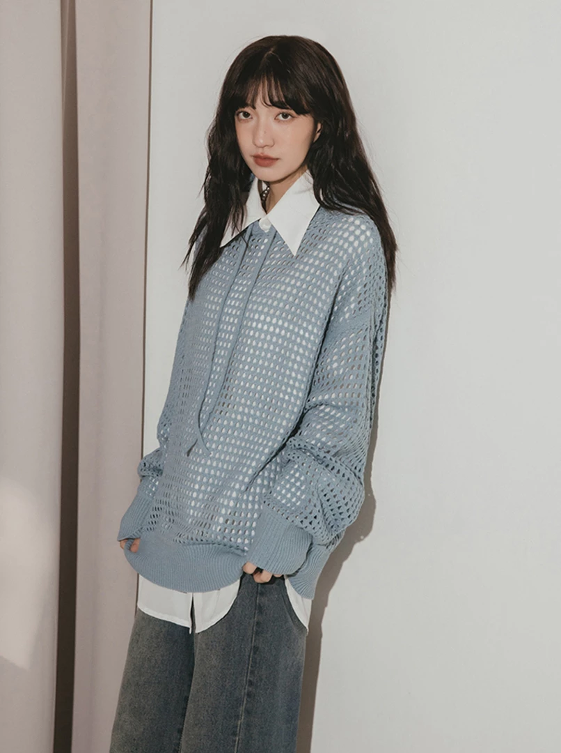 洞洞針織OV連帽上衣