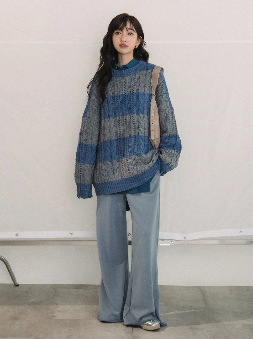 仿羊絨粗條紋毛衣