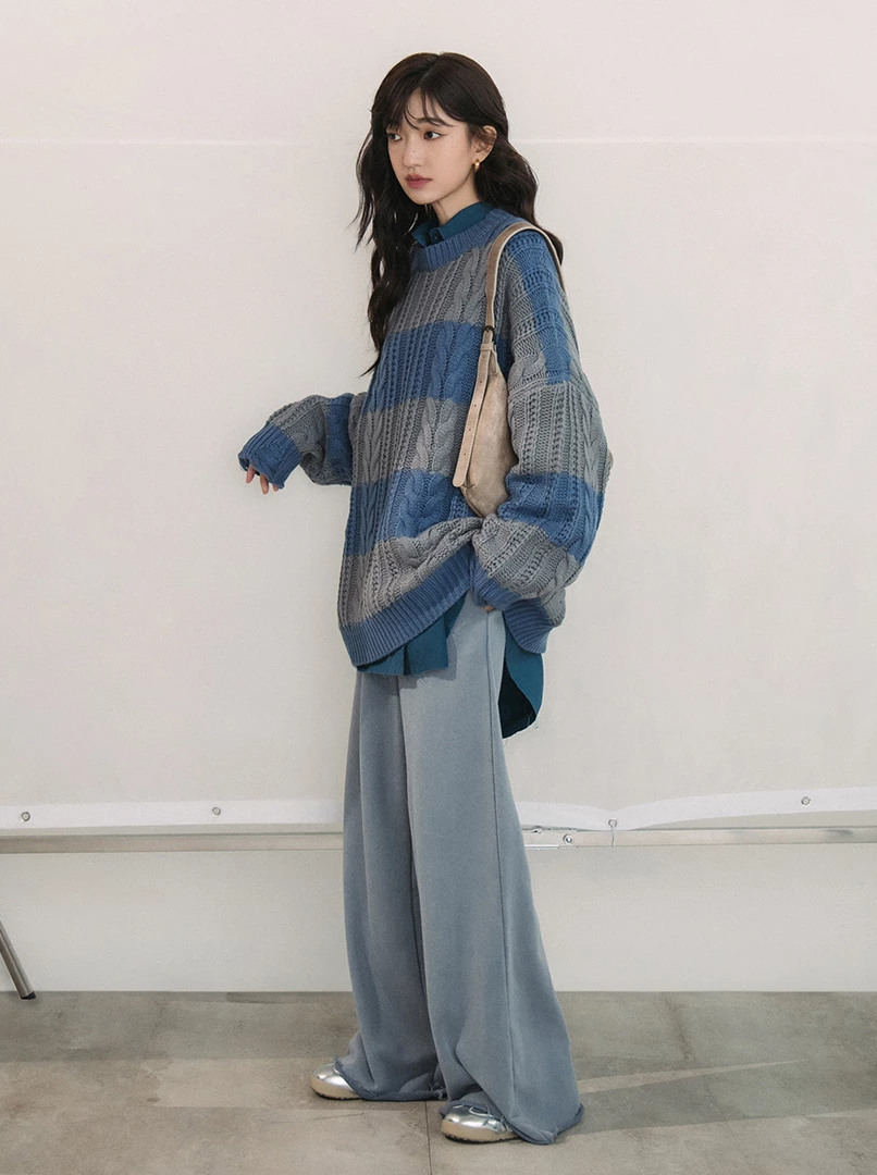 仿羊絨粗條紋毛衣