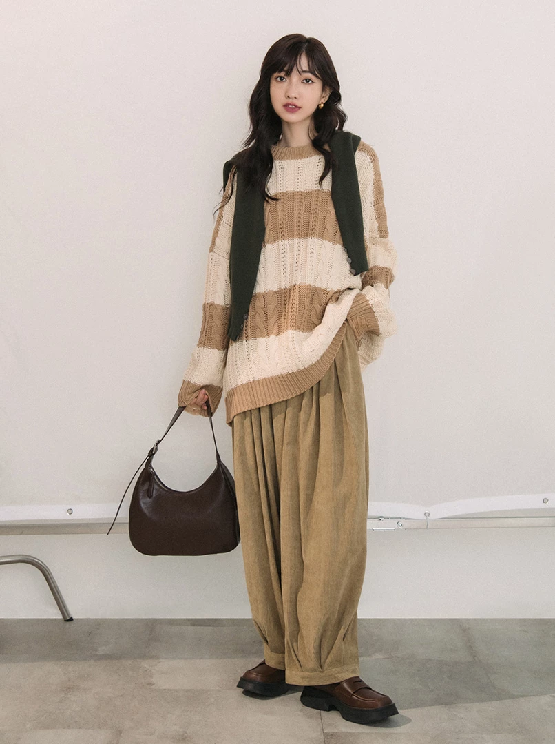 仿羊絨粗條紋毛衣