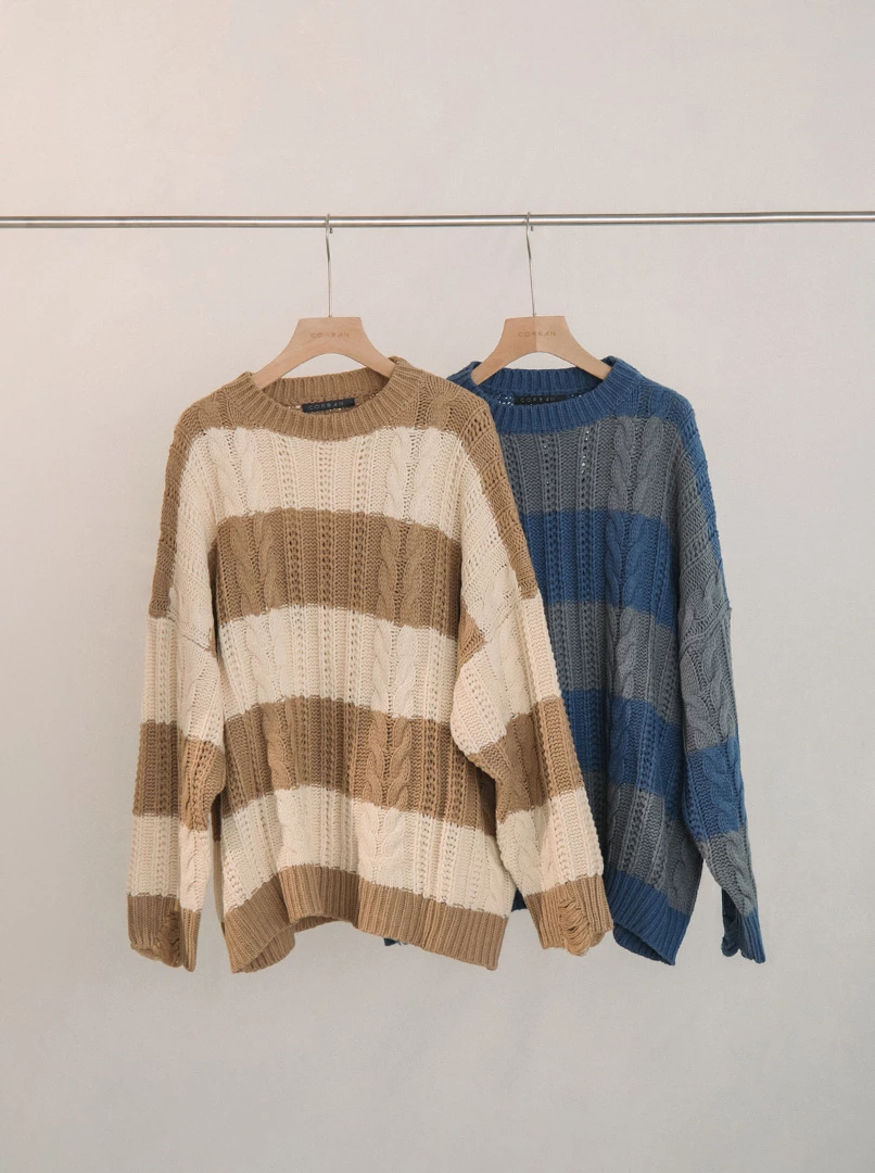 仿羊絨粗條紋毛衣