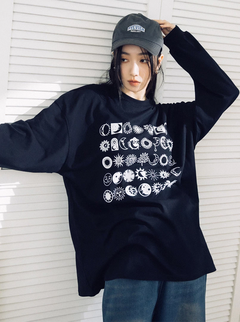 日月圖騰落肩長棉T
