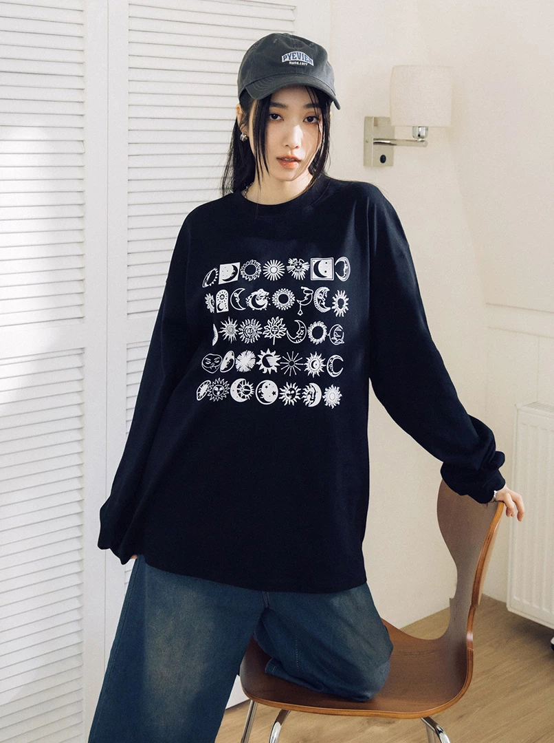 日月圖騰落肩長棉T