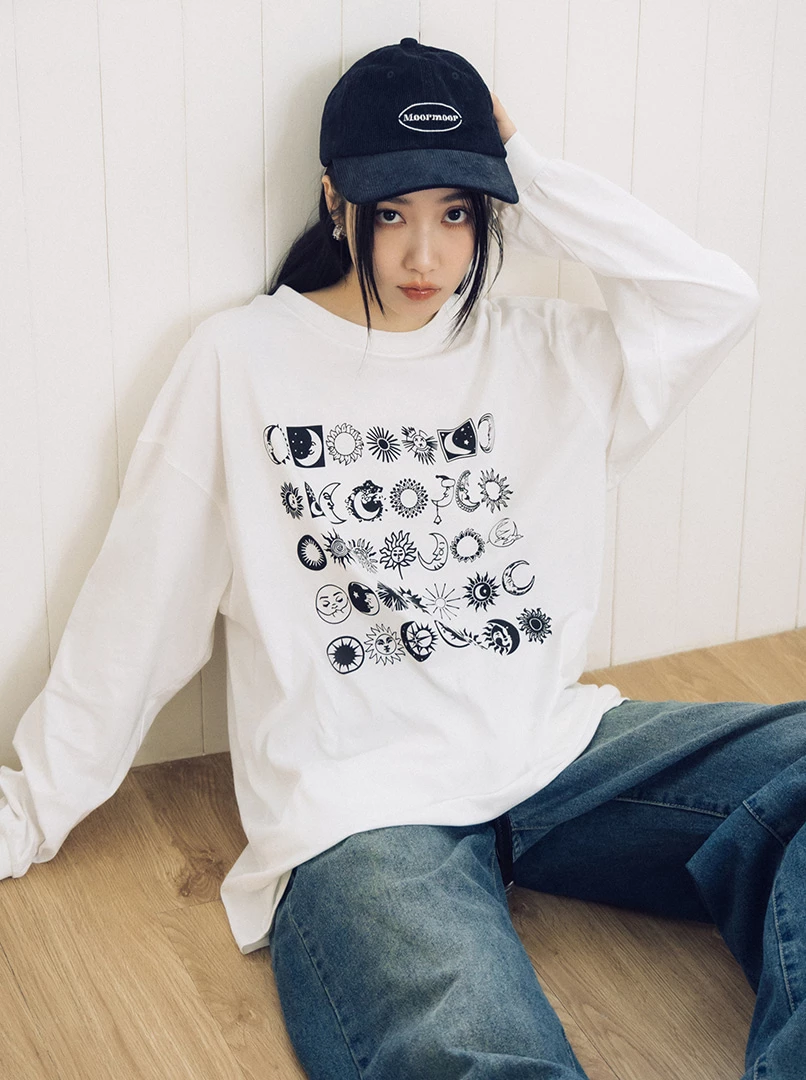 日月圖騰落肩長棉T