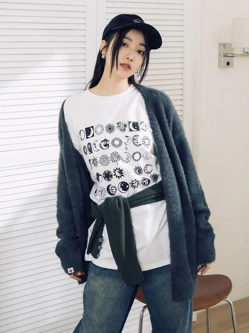 日月圖騰落肩長棉T