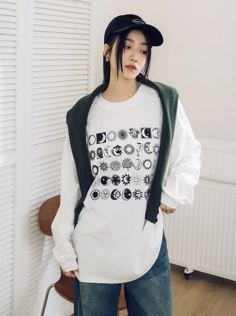 日月圖騰落肩長棉T