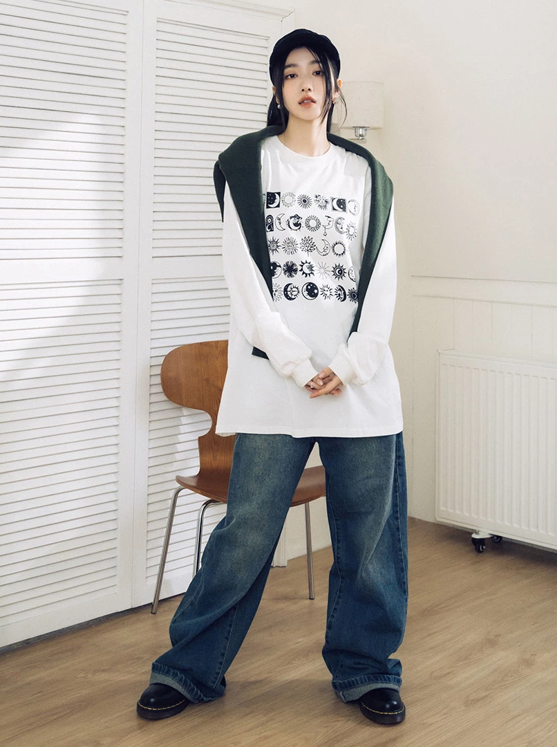 日月圖騰落肩長棉T