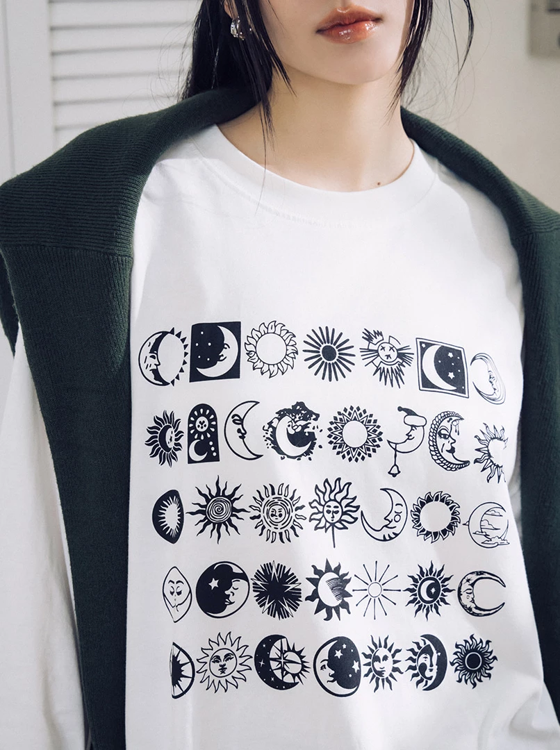 日月圖騰落肩長棉T