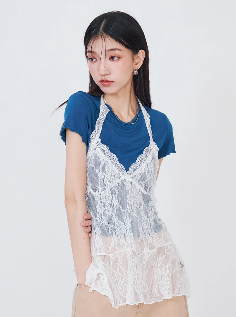 疊穿蕾絲掛脖背心