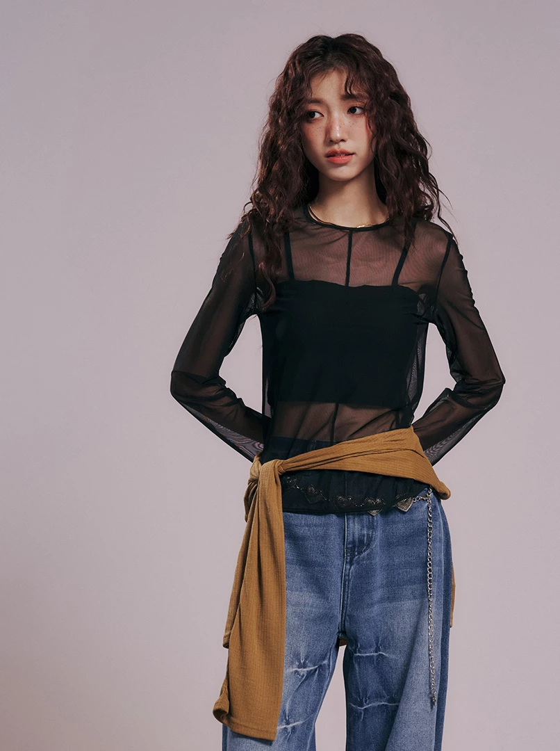 中線設計透膚上衣