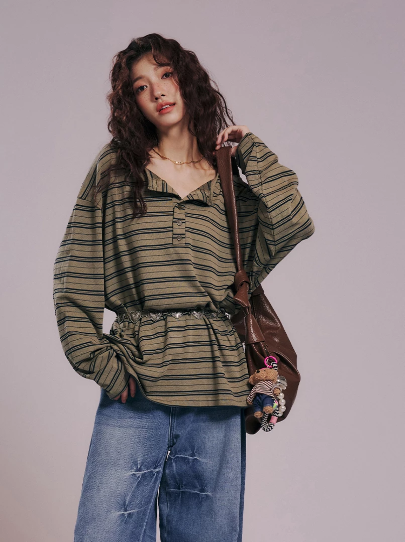 復古斜肩慵懶條紋上衣