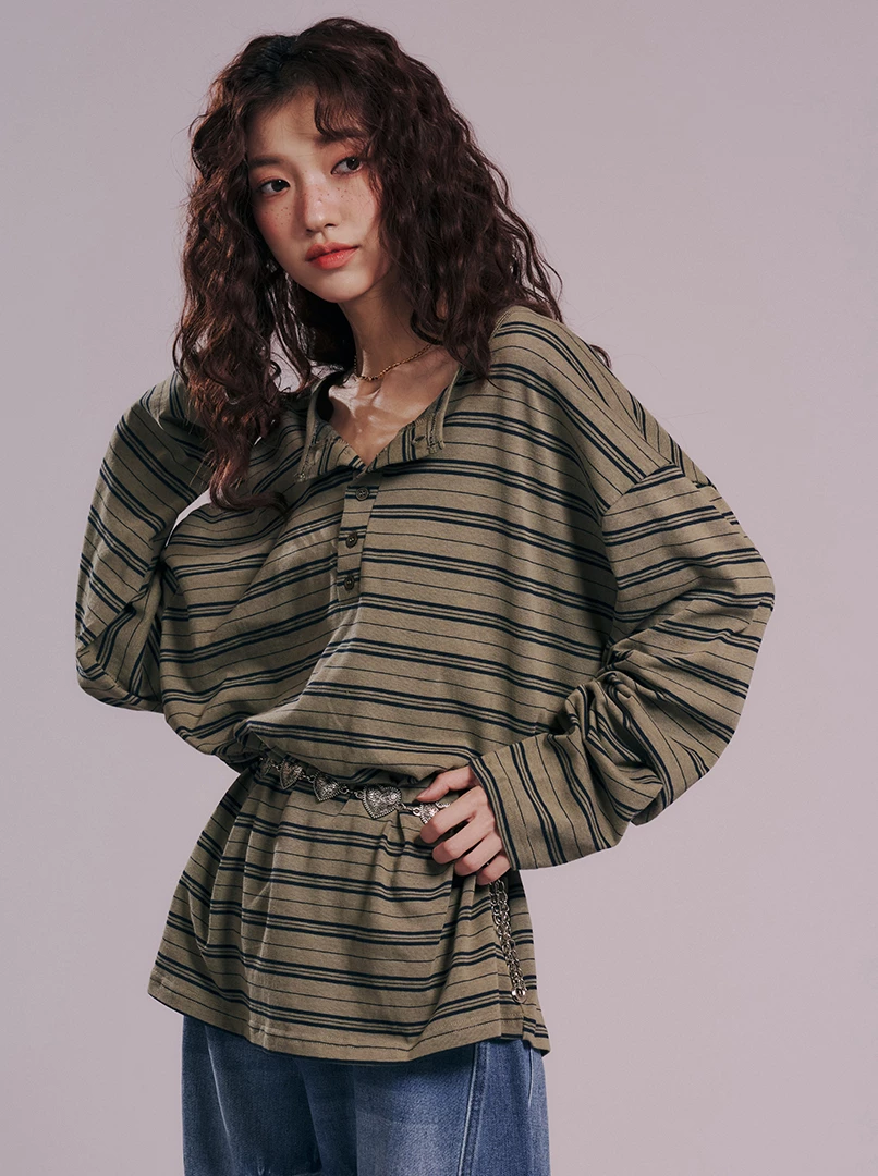 復古斜肩慵懶條紋上衣