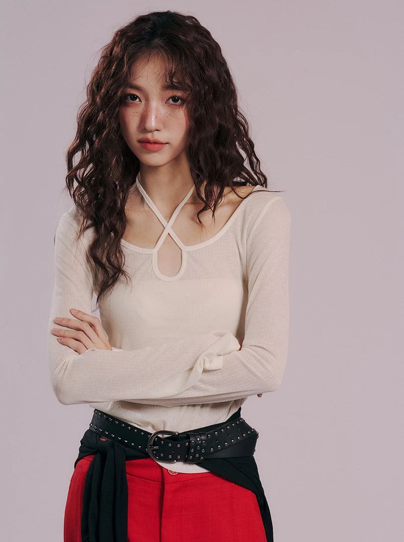 薄款微透綁帶長袖上衣
