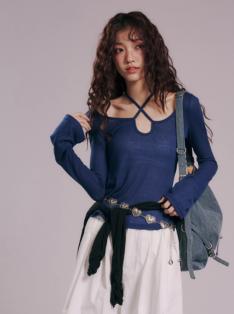 薄款微透綁帶長袖上衣