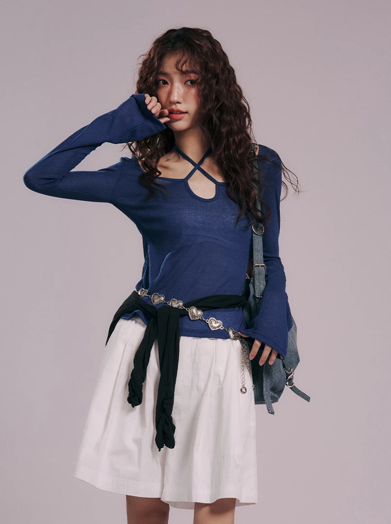 薄款微透綁帶長袖上衣