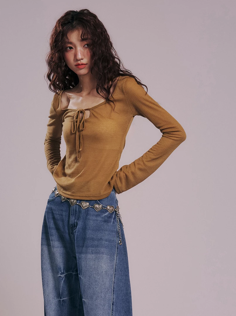 薄款微透綁帶長袖上衣