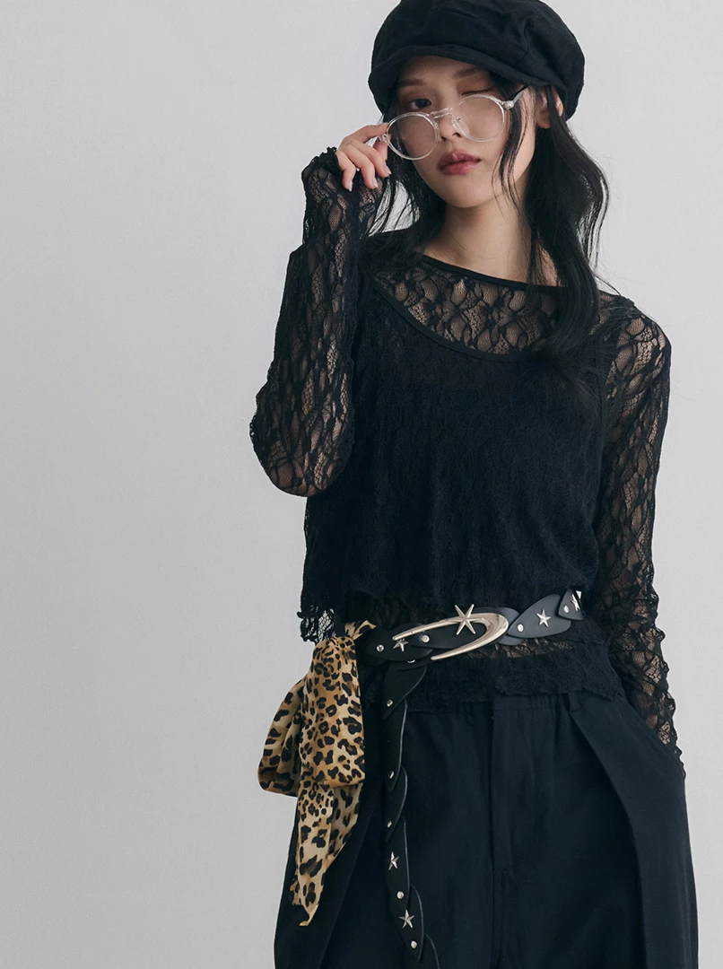 疊搭蕾絲長袖上衣