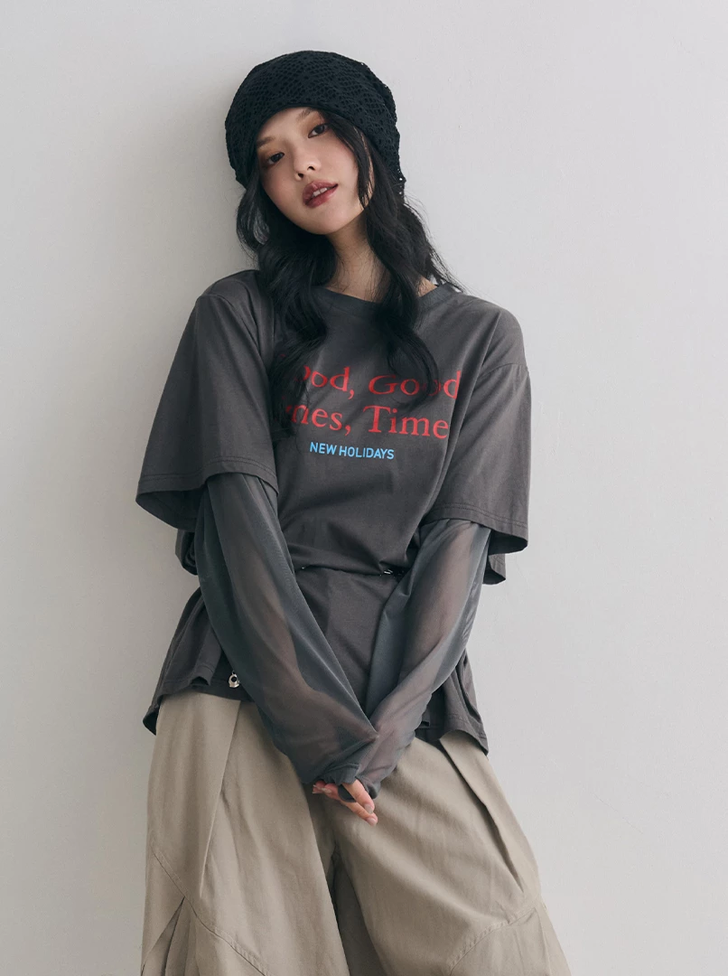 拼接兩件式字樣休閒上衣