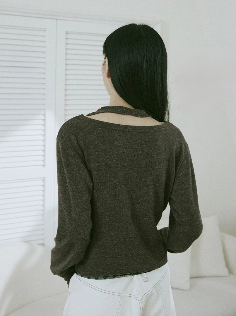 掛脖一字領設計針織上衣