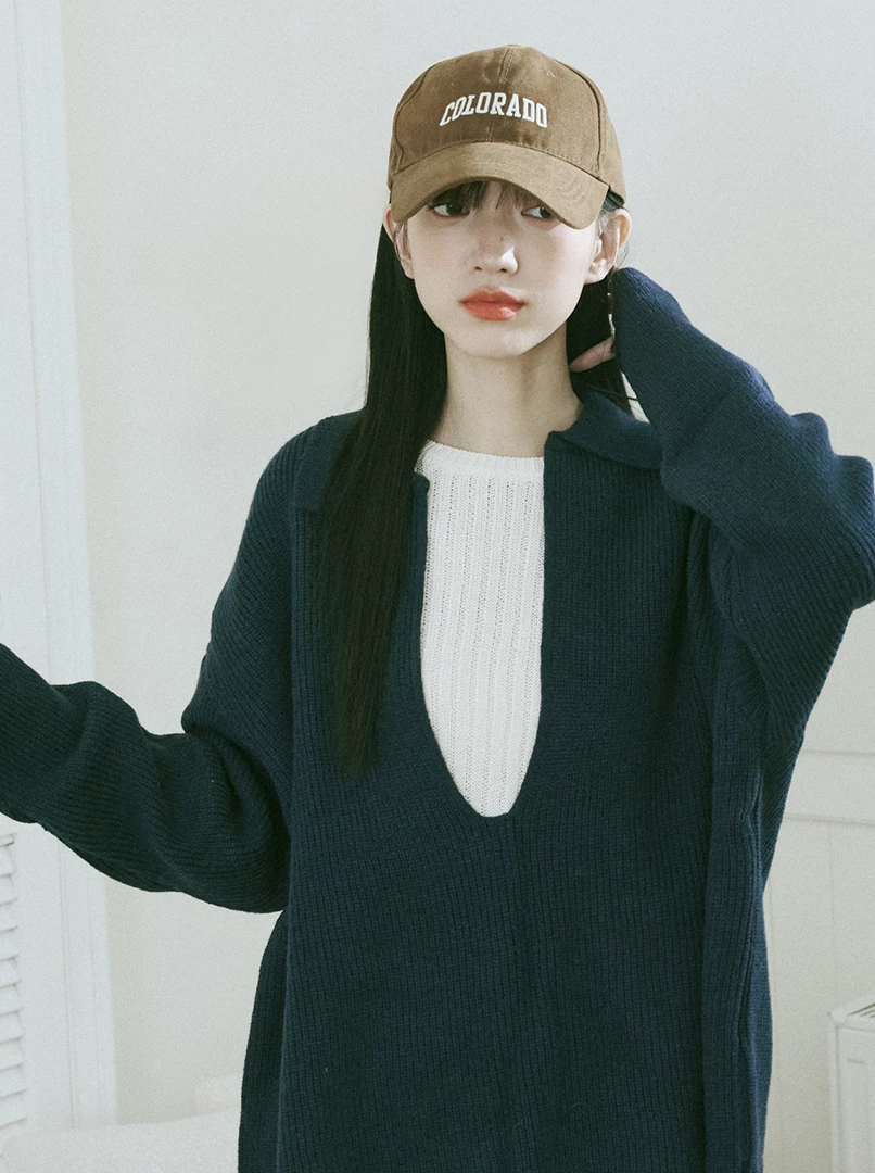 大V領坑條外搭針織上衣