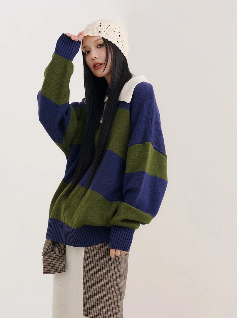 寬條紋配色長袖毛衣