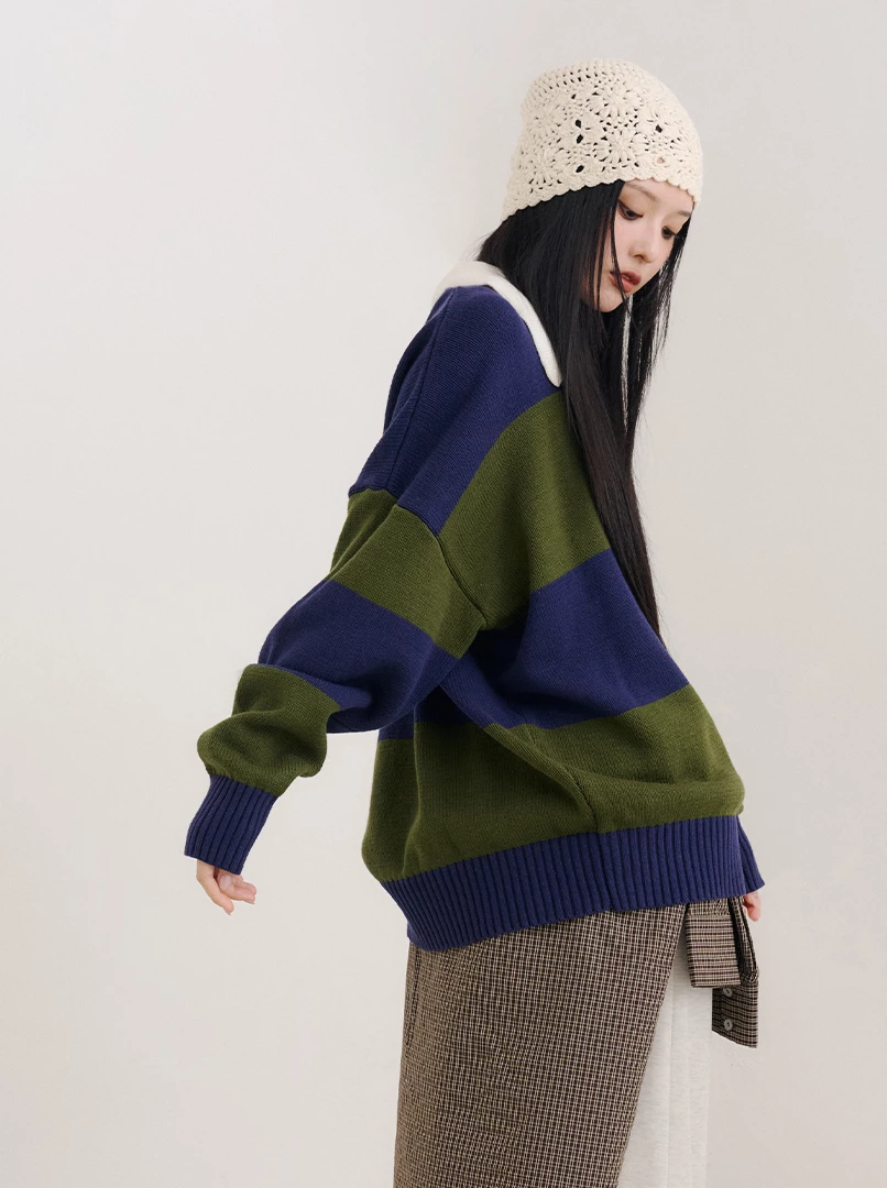 寬條紋配色長袖毛衣