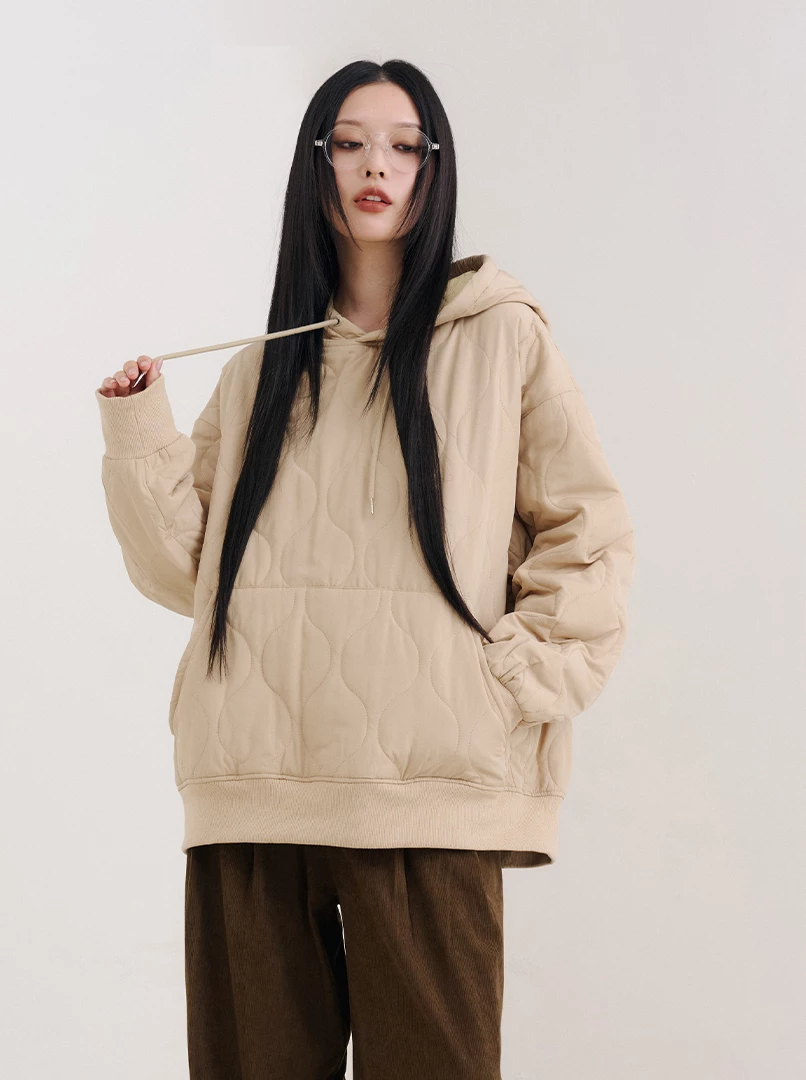 連帽壓紋大口袋棉服