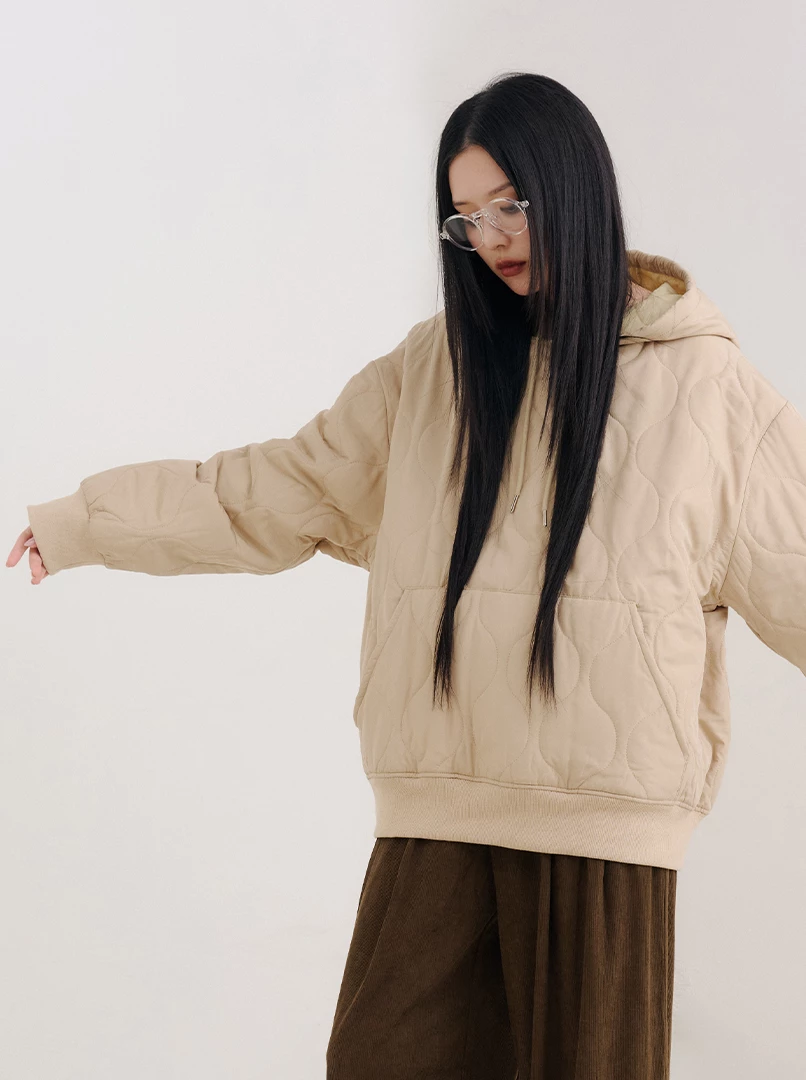 連帽壓紋大口袋棉服