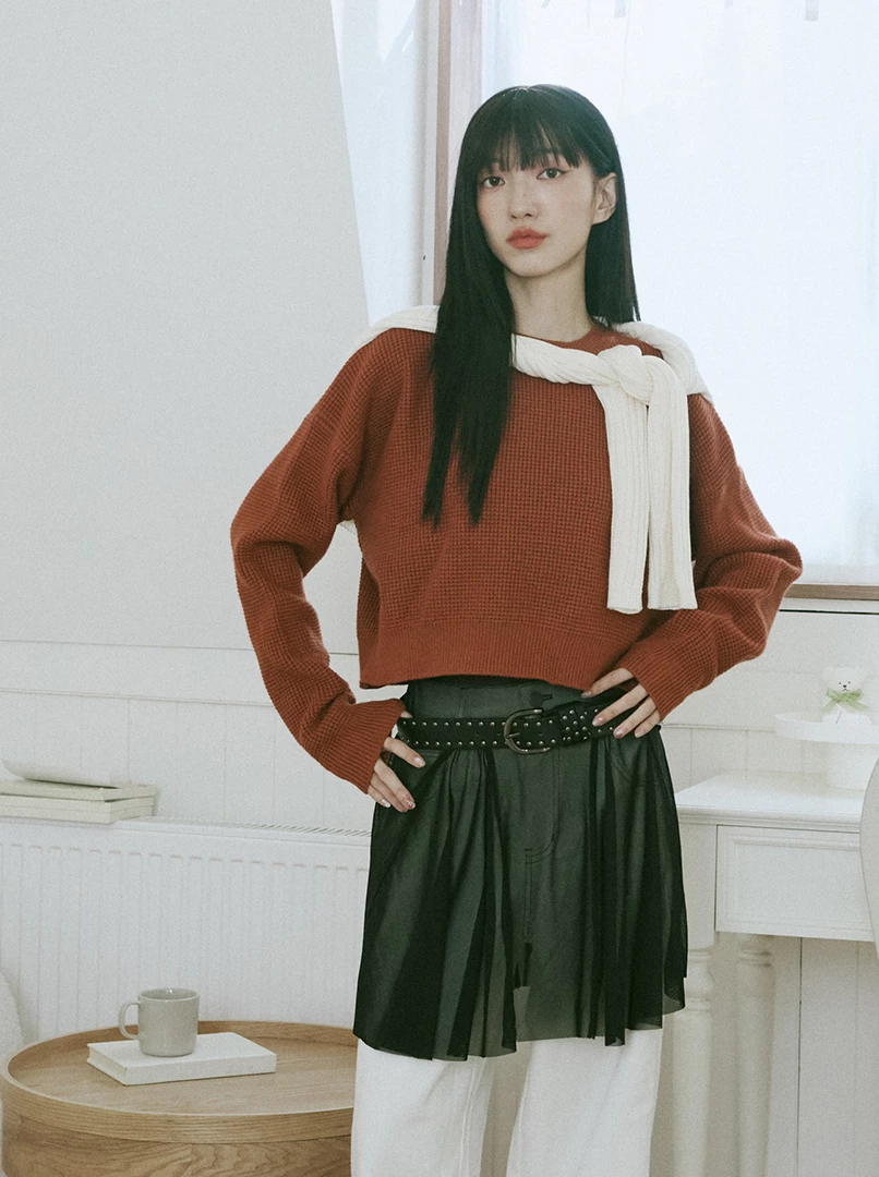 華夫格經典圓領針織毛衣